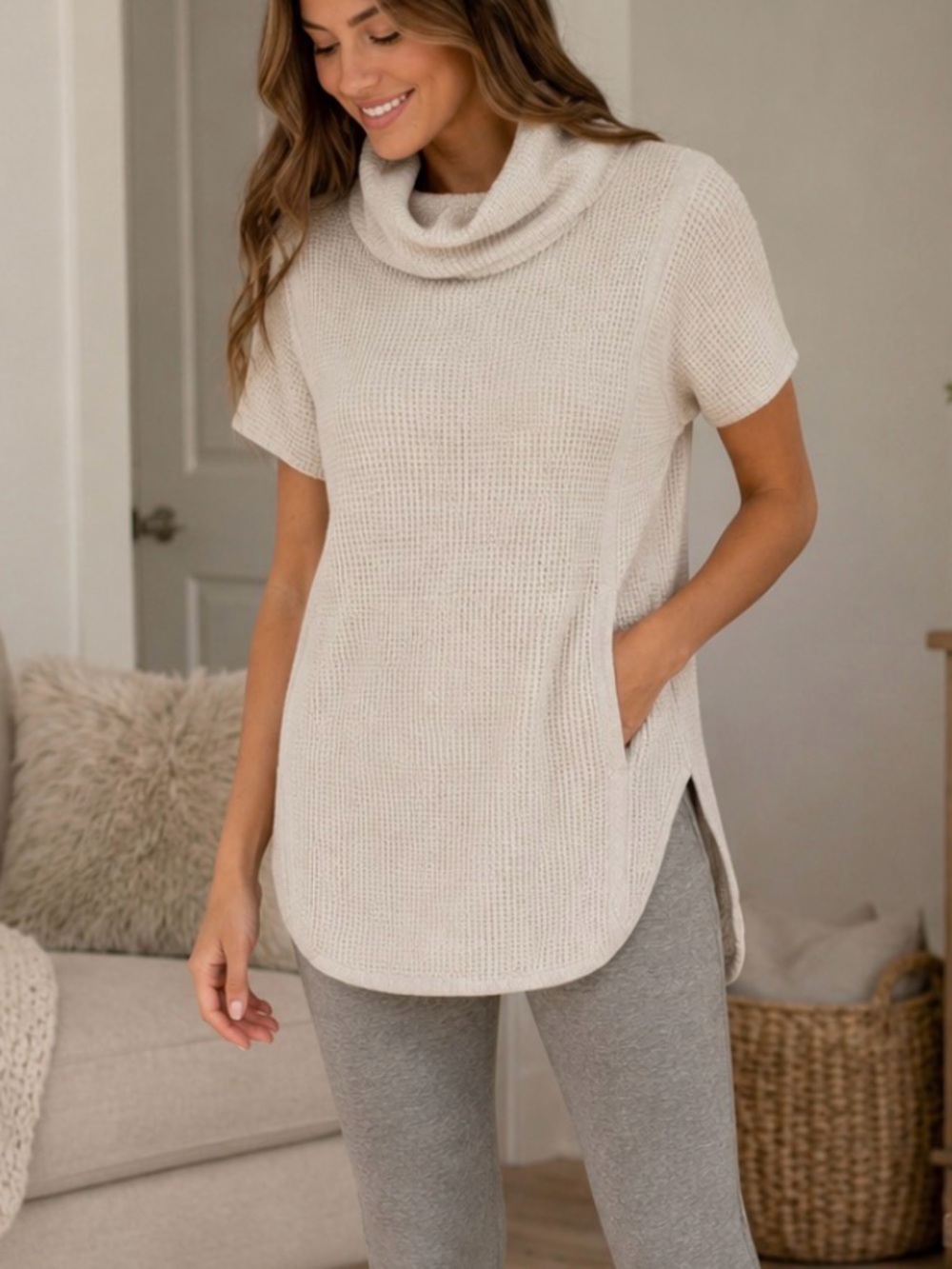 Ugg Shelby waffle knit cowl neck tunic short sleeve knit sweater lounge comfy XS